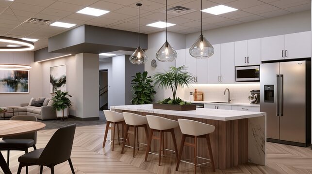Modern office breakroom with kitchen island and seating during daytime