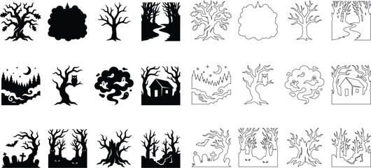 Fototapeta premium Set of spooky halloween vector illustrations featuring haunted trees silhouettes and outlined sketches for seasonal holiday design projects and decorations