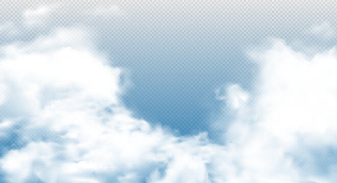 Realistic white cloud or food smoke on blue transparent background. Panorama of beautiful fog overlay effect. Fire explosion pattern. Smoky or foggy weather art. Fluffy sky cloud or nature element.