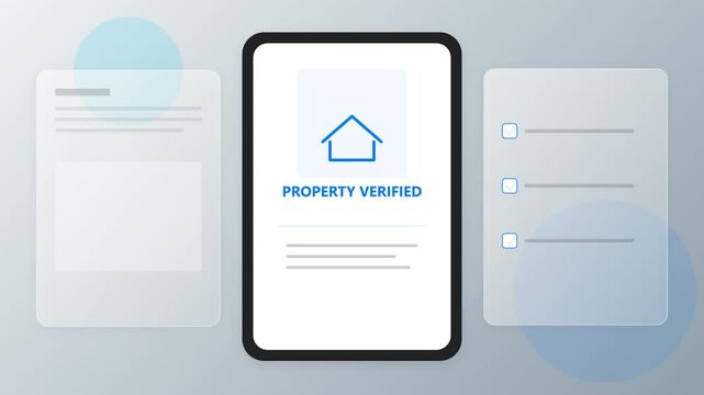 Modern flat design mobile app showing verified property status with digital documents and house icon
