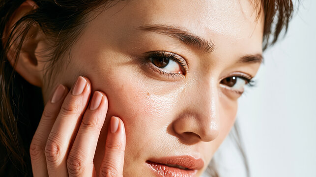 Japanese Woman Touching Face, Natural Beauty Close-Up Portrait