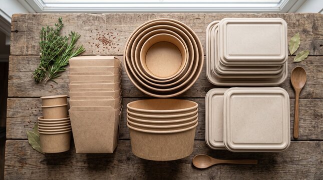 Assorted biodegradable disposable food packaging containers for sustainability and eco-friendly kitchen dining