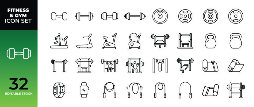 Fitness and gym exercise outline icon set with exercise training equipment lifestyle activity dumbbell treadmill bodybuilding athletic wellness collection strength physical kettlebell