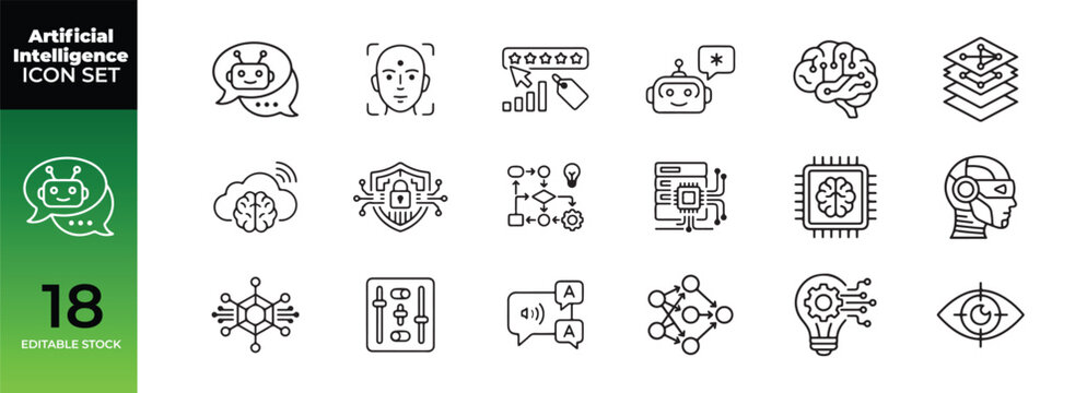 Artificial intelligence and machine learning outline icon set with artificial intelligence learning technology innovation algorithm computing automation cybernetic development collection