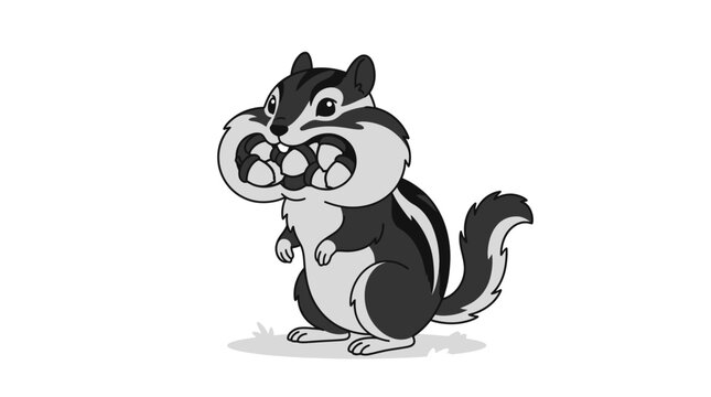 A cute cartoon chipmunk with stuffed cheeks holding an acorn.