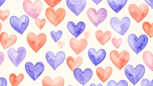 A seamless pattern featuring many colorful watercolor hearts on a light background