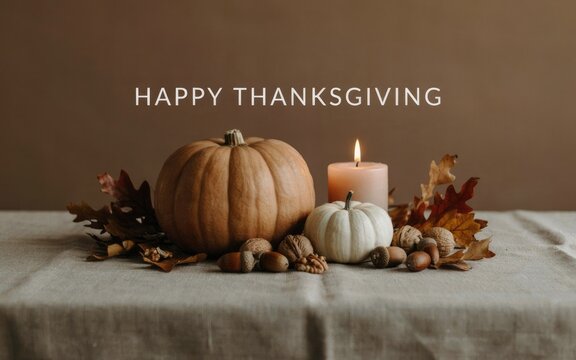 Festive thanksgiving day table centerpiece with pumpkins candles and autumn decorations on a rustic linen cloth