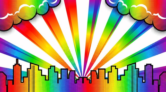 Modern rainbow skyline with bright white radial rays and colorful buildings. Ideal for happy, energetic backgrounds, social media graphics, websites, and creative marketing.