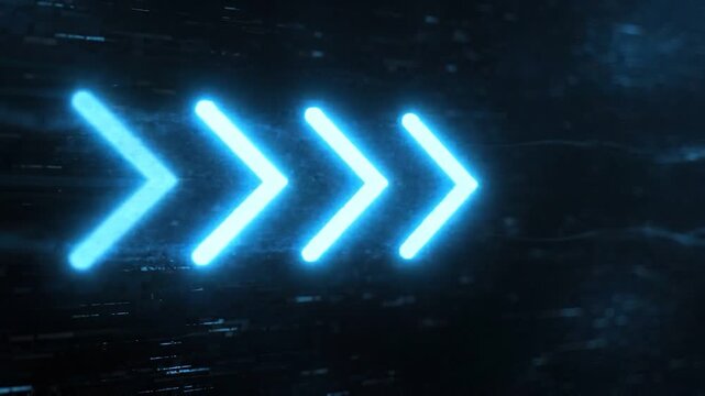 Glowing blue neon arrows pointing forward moving rapidly through a dark digital technological space of data flow arrow light technology motion speed