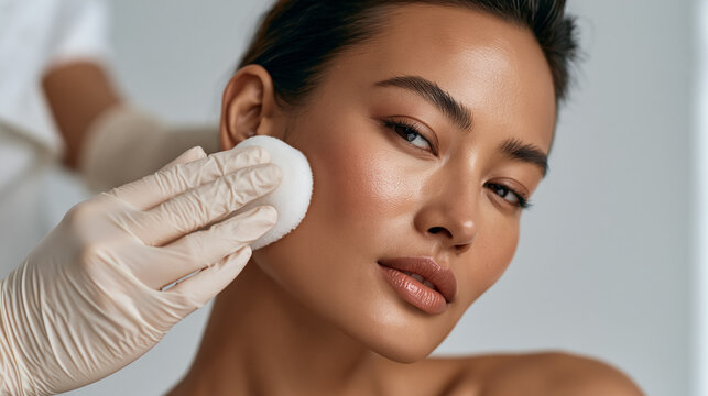 Esthetician in Gloves Applying Cotton Pad to Woman's Face, Facial Treatment