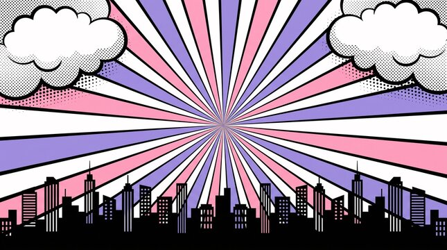 Elegant pastel purple city skyline with retro radial sunburst rays and soft comic clouds. Ideal for urban posters, presentations, websites, banners, and editorial graphics.
