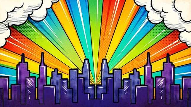 Colorful rainbow city skyline with energetic radial sunburst rays and comic clouds. Perfect for festivals, celebrations, children's designs, advertising, and creative projects.