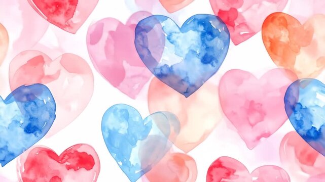 A colorful pattern of hand painted watercolor hearts on a white background