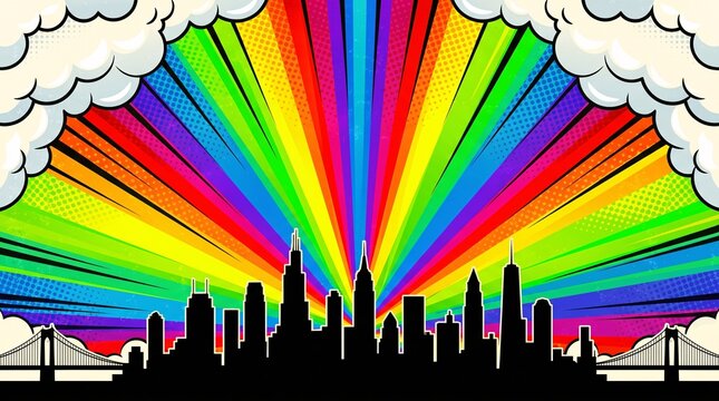 Bright rainbow sunset skyline featuring bold comic-style radial rays and dramatic cloud details. Excellent for entertainment, posters, gaming, and promotional campaigns.