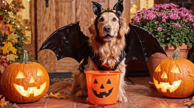 A golden retriever dog dressed in a bat costume for halloween sitting between two lit jackolantern pumpkins