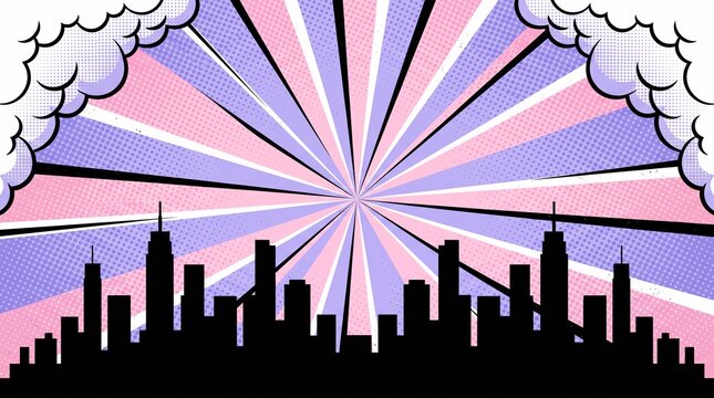 Minimal lavender skyline featuring radiant sunburst rays and dramatic city silhouettes. Perfect for business presentations, promotional graphics, websites, and creative branding.