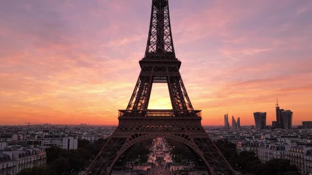 The eiffel tower in paris at sunset with a beautiful orange and pink sky and city skyline in the background