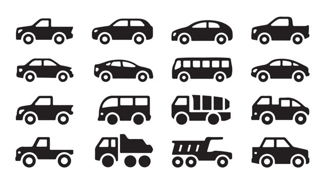 Set of black car silhouettes, different types of passenger cars and utility vehicles.