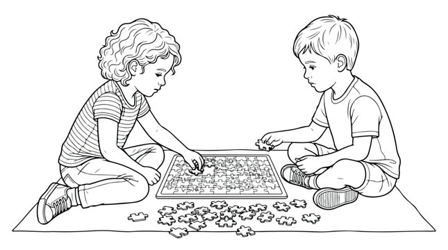 Coloring book page of children playing with a puzzle, line art illustration of boy and girl solving a jigsaw game, educational activity for kids