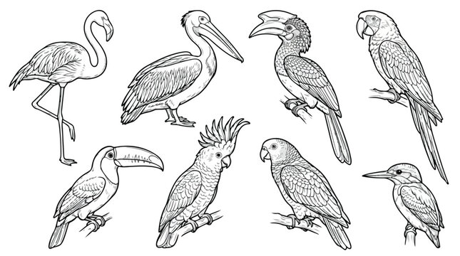 Vintage tropical bird illustrations, set of 8 exotic bird line art vectors, hand drawn flamingo and parrot sketches for coloring or design