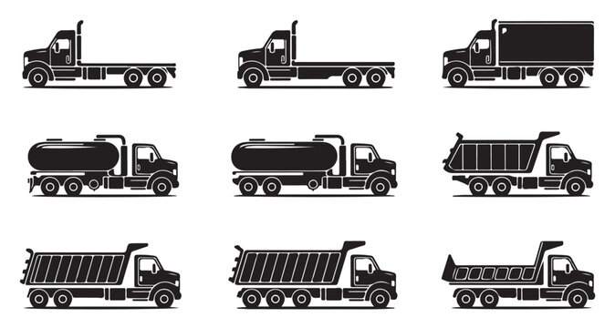 Set of black truck vector icons, various types of flatbed, tank, and dump trucks.