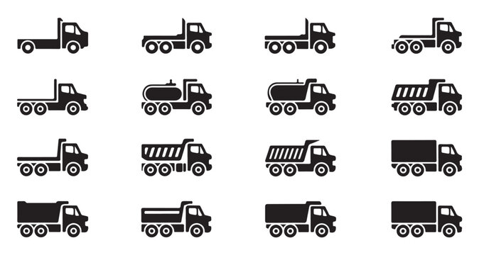 Set of black truck icons, various types of cargo, flatbed, and dump trucks.