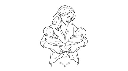 Obraz premium Minimalist line art of a happy mother holding twin babies, black and white vector illustration of a woman with newborn twins, maternal love concept