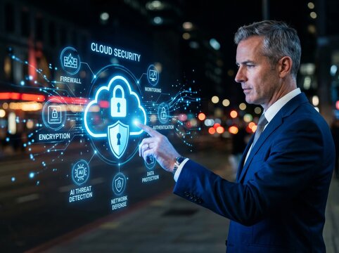 Businessman Interacting With Enterprise Information Management System Digital Interface In Modern Office