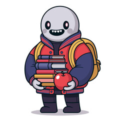 Fototapeta premium Cute cartoon character ready for back to school, holding a stack of books and a red apple, wearing a varsity jacket and backpack
