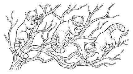 Red panda coloring page vector, cute pandas climbing tree branches line art, black and white animal illustration for kids activity book © Usman
