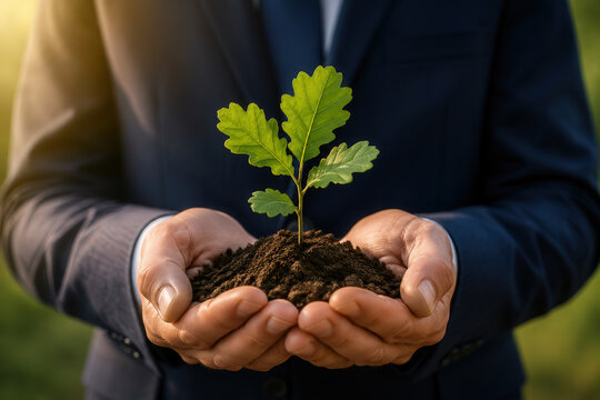 Sapling hand soil suit close up person navy growth, hands holding young oak sapling in dark soil with formal clothing outdoor