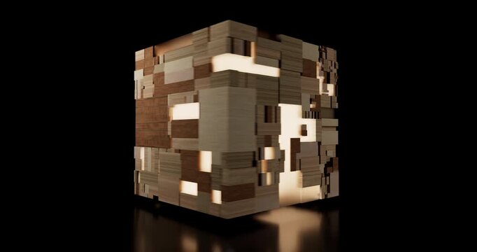 A 3D cube built from stacked wooden blocks glows with warm light emanating from within against a dark background.