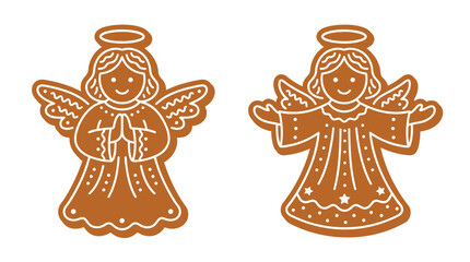 Fototapeta premium Vector set of Christmas gingerbread cookies shaped like cute holiday angels decorated with white icing