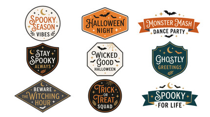 Obraz premium A collection of nine vintage-style Halloween badges and labels featuring spooky phrases, bats, moons, and stars in various shapes and colors, perfect for seasonal designs.