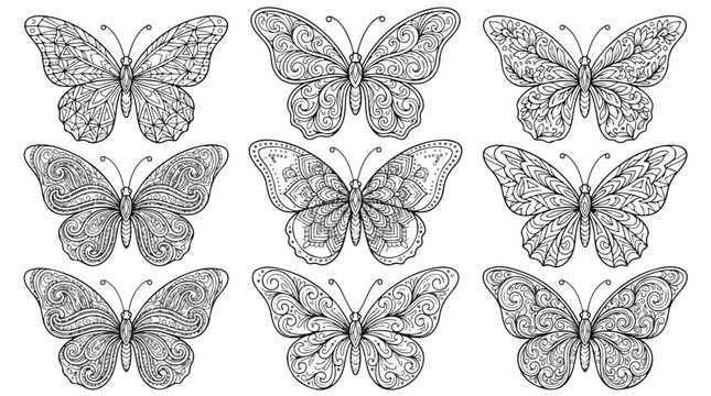Intricate mandala butterfly collection, 9 ornate butterfly line art vectors, decorative zentangle insect illustrations for adult coloring books
