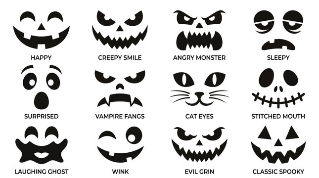 Collection of 12 distinct Halloween pumpkin carving stencil designs featuring various spooky and expressive faces like happy, angry, vampire, and ghost.