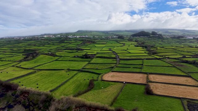 Aerial view of green patchwork fields separated by stone walls on coastal cliffs of Terceira island Azores.