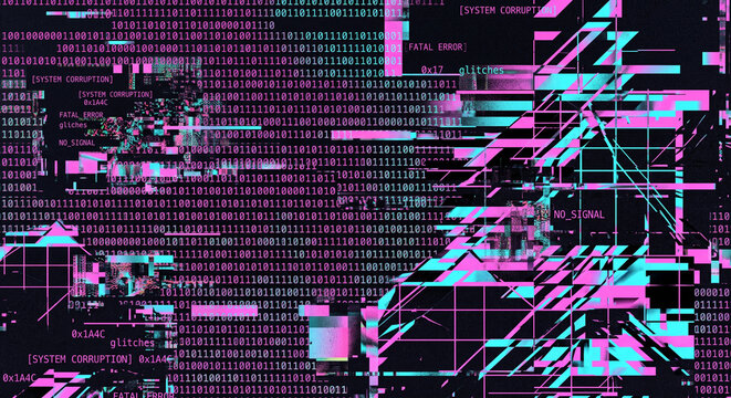 Abstract digital noise glitch background with pixel distortion and neon pink elements
