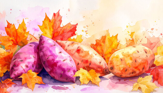 秋の味覚であるサツマイモと紅葉を描いた水彩風の背景イラスト　収穫祭や旬の食材をテーマにしたチラシやバナーに適したコピースペースのあるデザイン素材