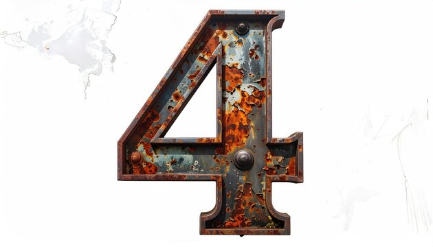 Rusty Metal Number Four Sign on White Background