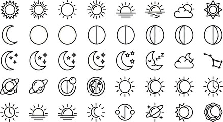 Sun and moon line icons set featuring weather astronomy moon phases solar system sunrise sunset astrology and celestial space symbols © MDMITHUN