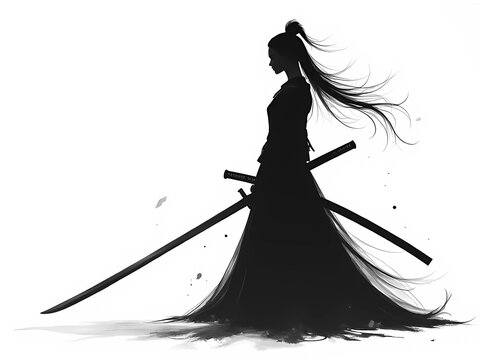 Female Samurai Warrior Silhouette with Long Hair and Multiple Katana Swords