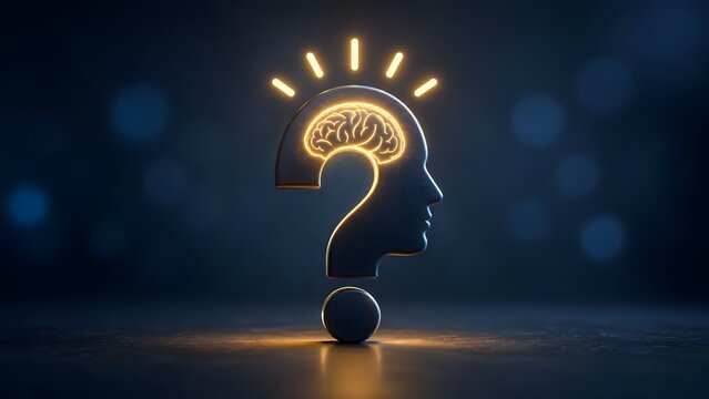 Human head profile shaped as a glowing question mark with a brain inside symbolizing creative thinking, innovation, problem solving and intelligence