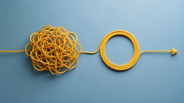 Complex to simple workflow concept with tangled yellow wire transforming into a neat circle and arrow symbolizing business organization and solution