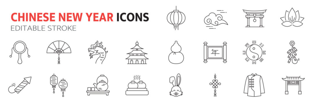 Chinese New Year Icons Set, Editable Stroke.