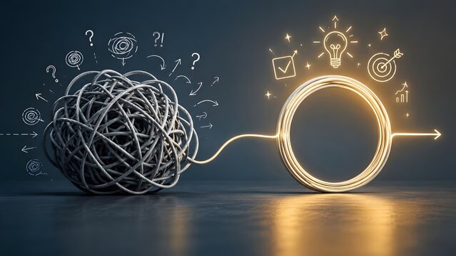 Complex problem solving concept with tangled wire transforming into neat glowing circle and arrow featuring innovation and business strategy icons