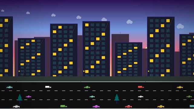 Seamless Loop Pixel Art Cityscape with Moving Traffic at Night