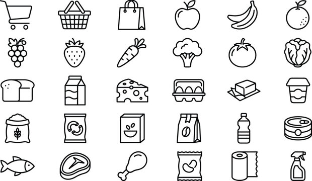 Supermarket grocery and fresh food line icons set featuring organic fruits vegetables dairy meat proteins packaging and shopping symbols