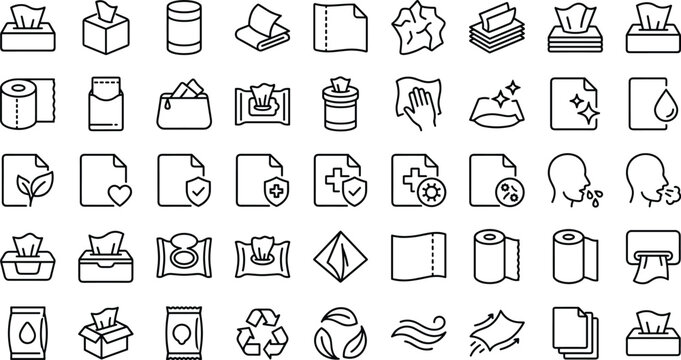 Tissue paper and wet wipes line icons set featuring toilet rolls napkins dispensers disinfection cleaning sneezing and hygiene symbols