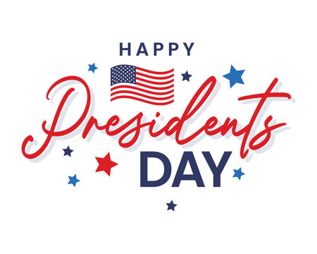 Happy Presidents Day typography banner design with waving US flag and stars vector illustration. American patriotic template for national holiday greeting card, poster, sale.
